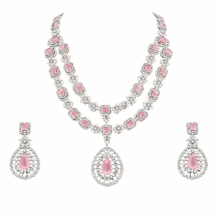 Two Layer Blush Pink American Diamond Necklace Set