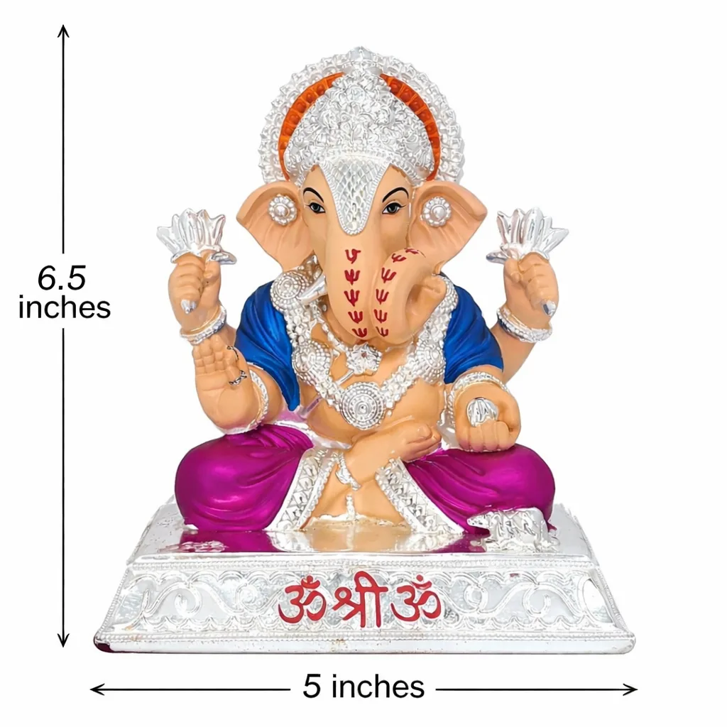 Ganesha statue with dimensions marked Decorative idol of Lord Ganesha in Silver Finish - Image 1
