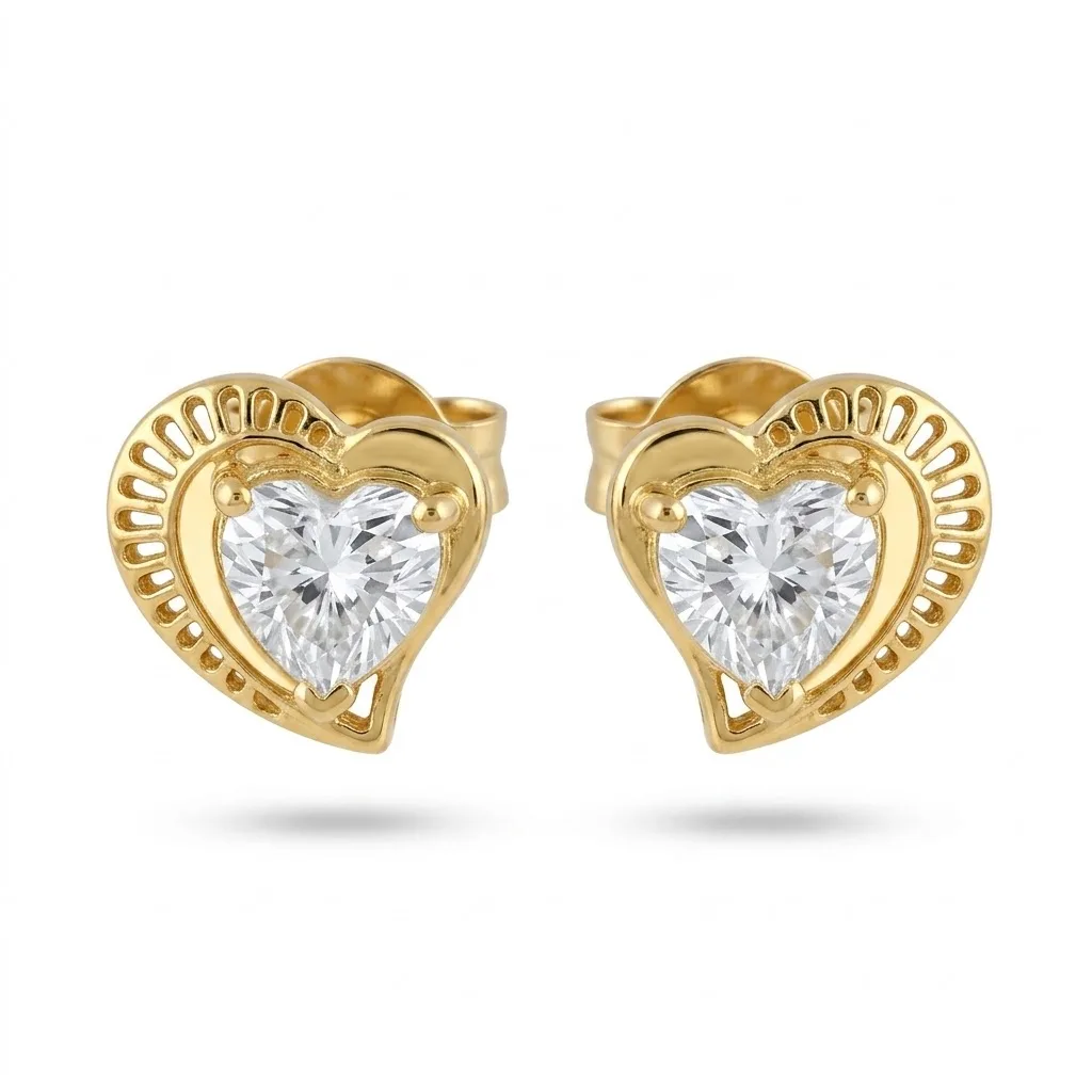 01 gold heart-shaped stud earrings with heart shaped solitaire CZ diamond - Image 1