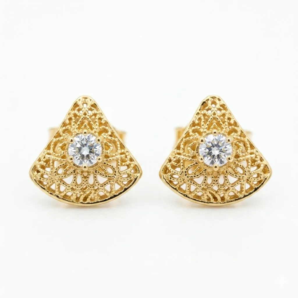 01 Japanese Royal Gold stud in net design with solitaire diamond - Image 1